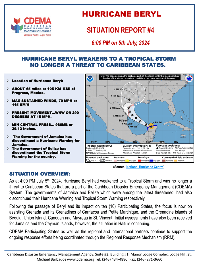 Hurricane Beryl Situation Report #4 (6:00 PM on 5th July, 2024) - Grenada