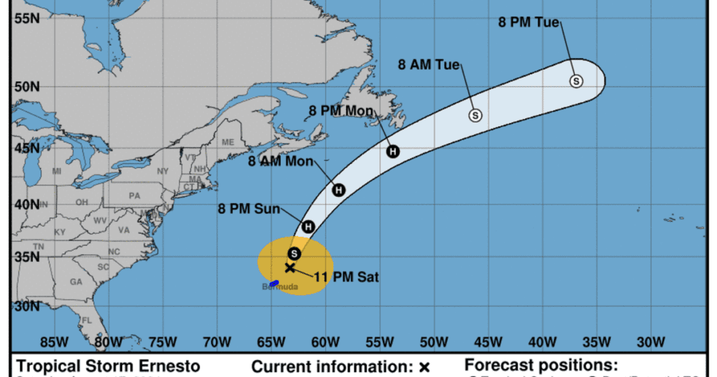 Maps show Tropical Storm Ernesto's path and forecast as it moves away from Bermuda