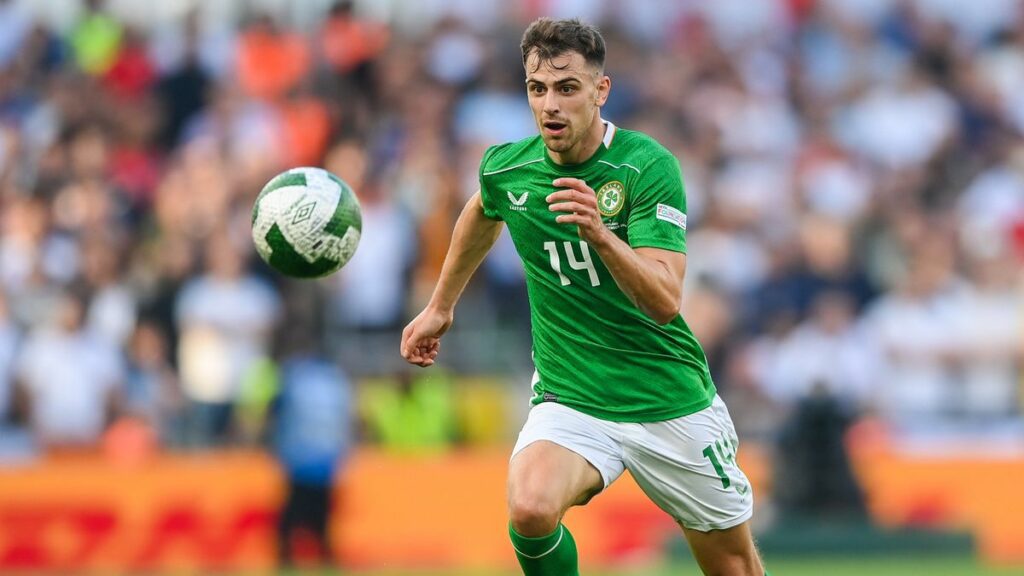 Jayson Molumby of Republic of Ireland chases the ball in the green Irish home kit in the 2024 Nations League.