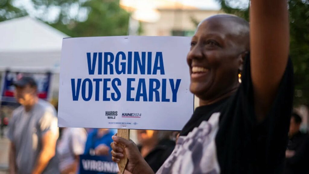 a voter works on his ballot at a polling station at the elena bozeman government centre in arlington virginia on september 20 2024 early in person voting for the 2024 us presidential election began in virginia south dakota and minnesota photo afp