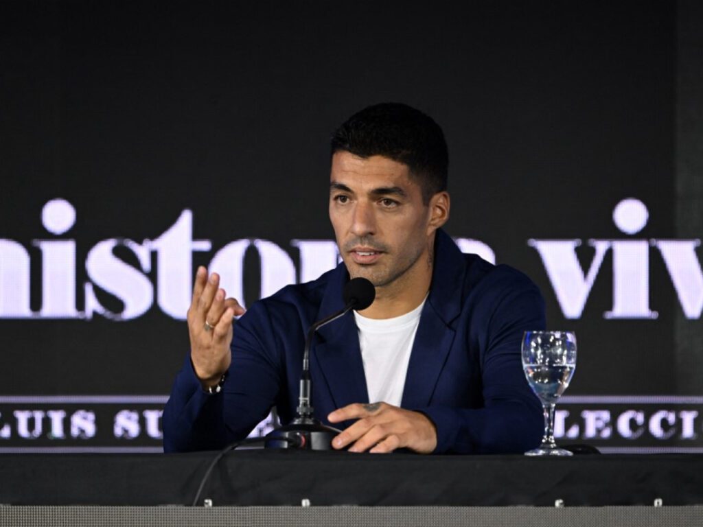 Suarez speaking at a press conference at the Centenario Stadium in Montevideo. Photo: AFP