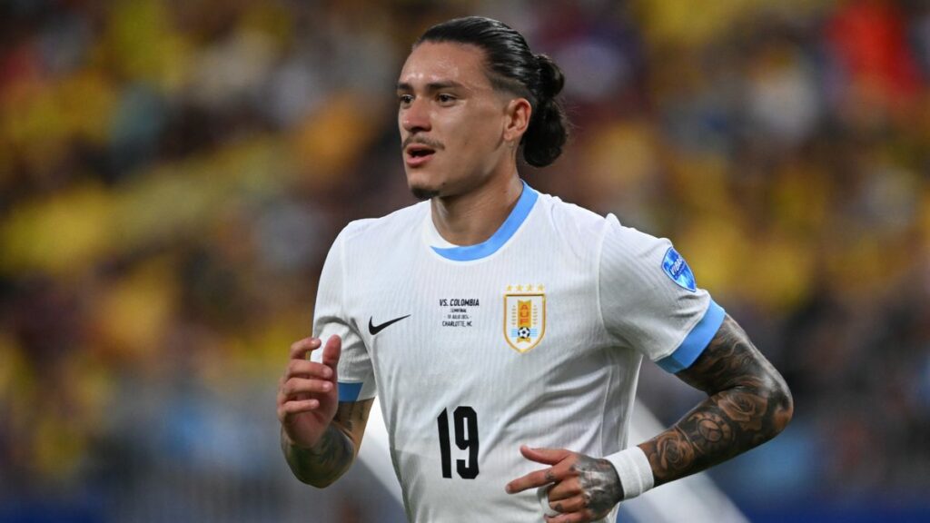 Darwin Nunez #19 of Uruguay runs the pitch ahead of the Peru vs Uruguay FIFA World Cup 2026 qualifier