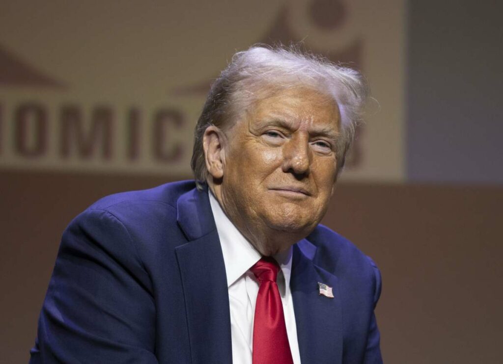 DETROIT, MICHIGAN - OCTOBER 10: Republican presidential nominee, former U.S. President Donald Trump, speaks at the Detroit Economic Club on October 10, 2024 in Detroit, Michigan. Michigan is considered a key battleground state in the upcoming presidential election, holding 15 electoral votes. (Photo by Bill Pugliano/Getty Images)