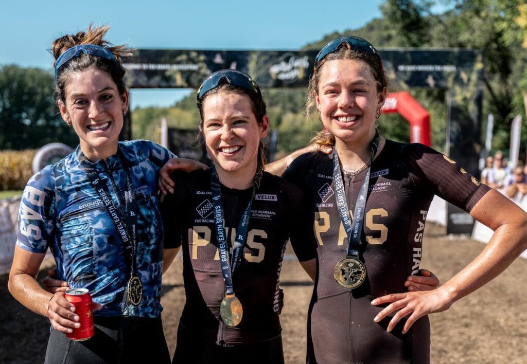 Podium at 2024 Ranxo Gravel, finale of Gravel Earth Series: Race and series winner Karolina Migoń (center), Klara Sofie Skovgard second, Morgan Aguirre third