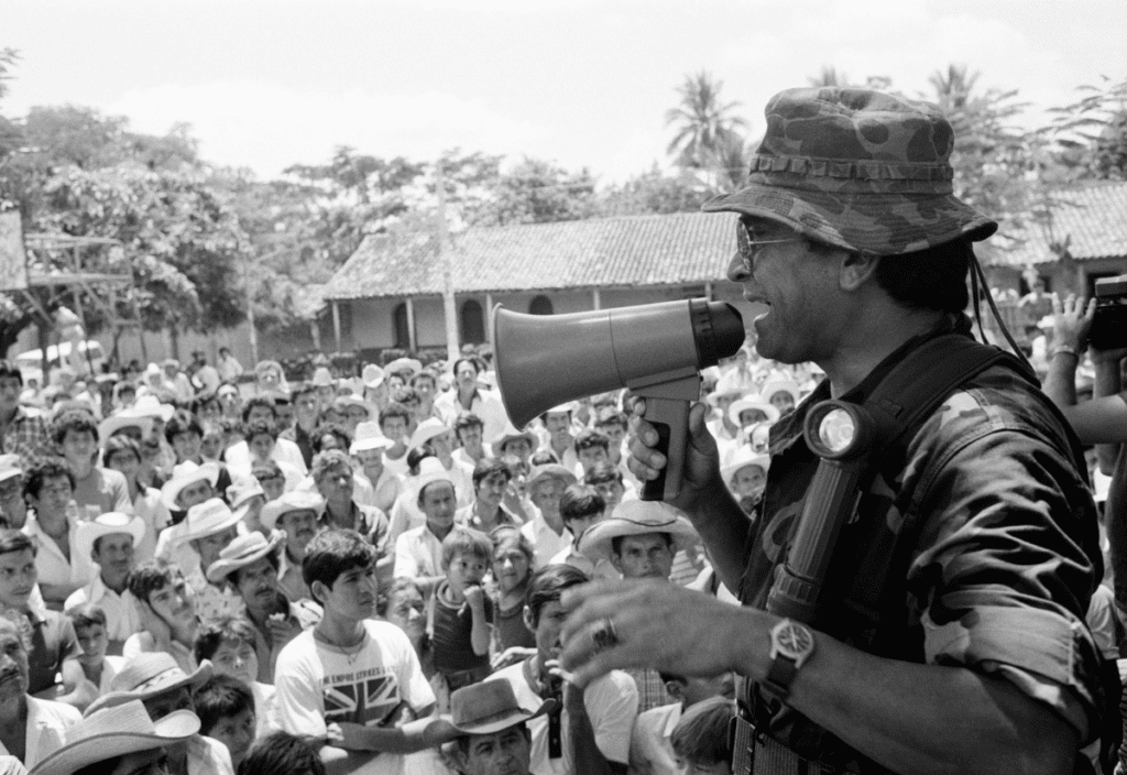 Col. Sigifredo Ochoa Pérez, the former commander of the counterinsurgency unit Destacamiento Militar 2 and then head of the Fourth Brigade, speaks at a public gathering in Sensuntepeque, El Salvador, in September 1984.