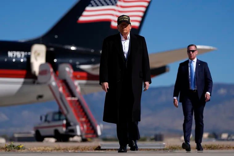 Republican presidential nominee former President Donald Trump arrives at a campaign rally at Albuquerque International Sunport, Thursday, Oct. 31, 2024, in Albuquerque, N.M.