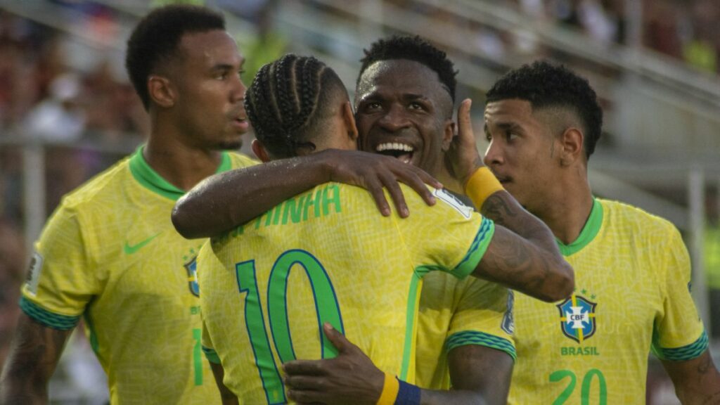 Brazilian national team players celebrate after scoring a goal during the 2026 FIFA World Cup qualifiers ahead of the Brazil vs Uruguay live stream