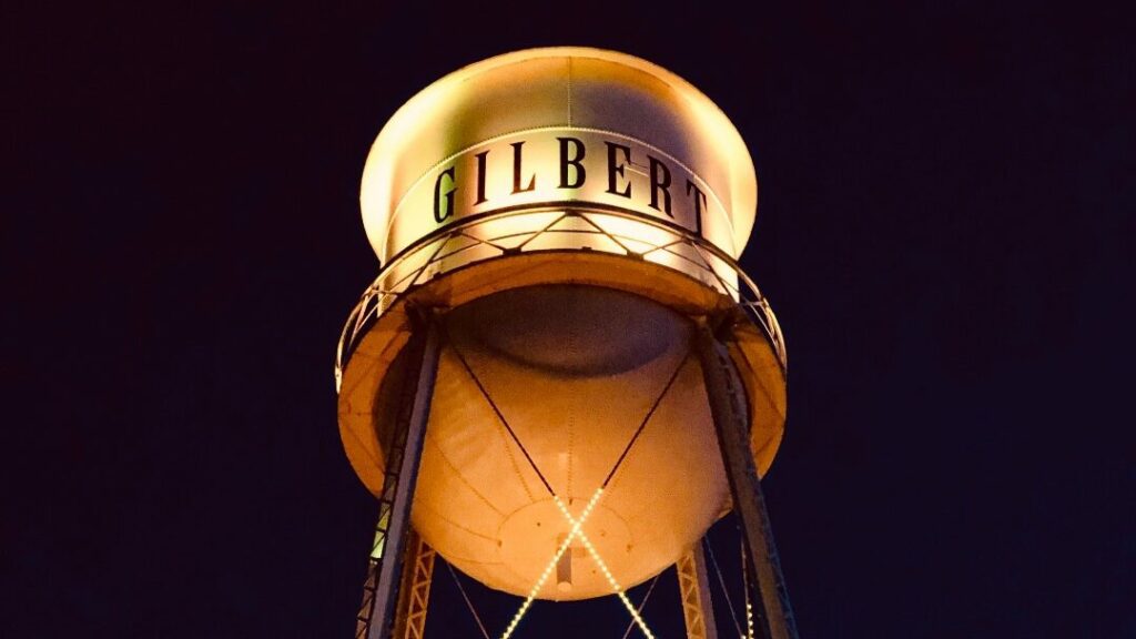 Town of Gilbert water tower lit up at night...