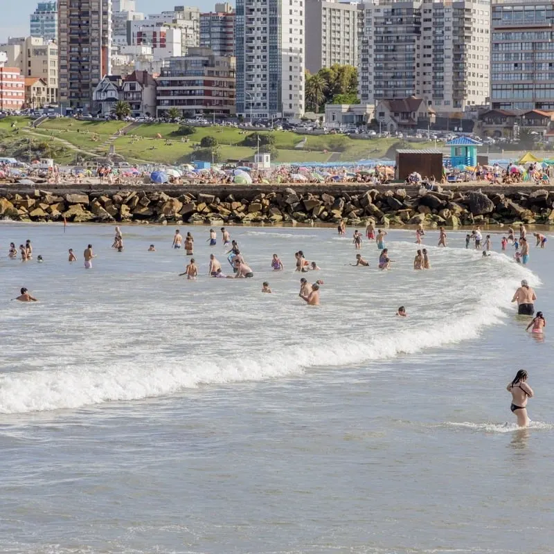 Swimmers At The Beach In Mar Del Plata, Argentina, South America