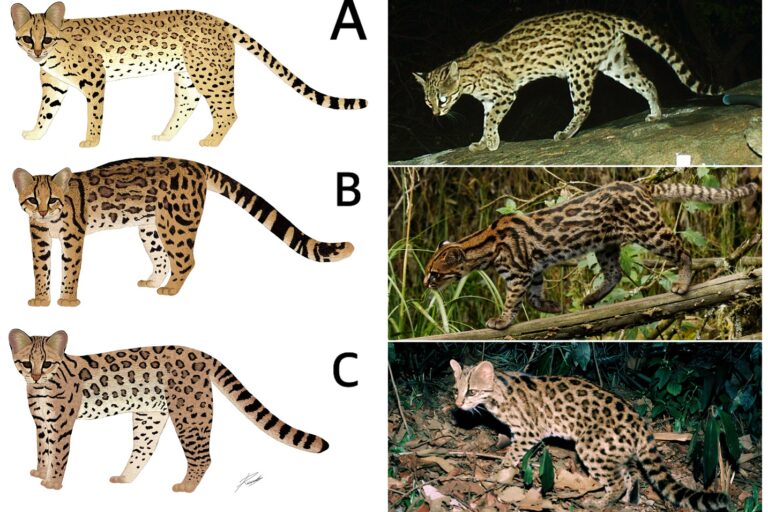 Composite image details the differences in appearance between the three tiger cats. Each is slightly different in body size and shape, and with differing spot patterns. Curiously, the newly described L. pardinoides has only one pair of teats, while the others have two. A) represents the savanna tiger cat, L. tigrinus; B) represents the newly proposed clouded tiger cat, L. pardinoides; and c) the Atlantic Forest tiger cat, L. guttulus. A likely revision of these species’ threat status could see all three classified as endangered. Image courtesy of de Oliveira et al., 2024.Article title - A tiger cat gains new species designation, but conservation challenges remain