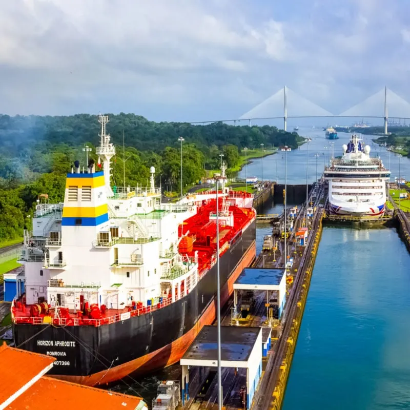 A cargo ship entering the Miraflores Locks in the Panama Canal, in Panama