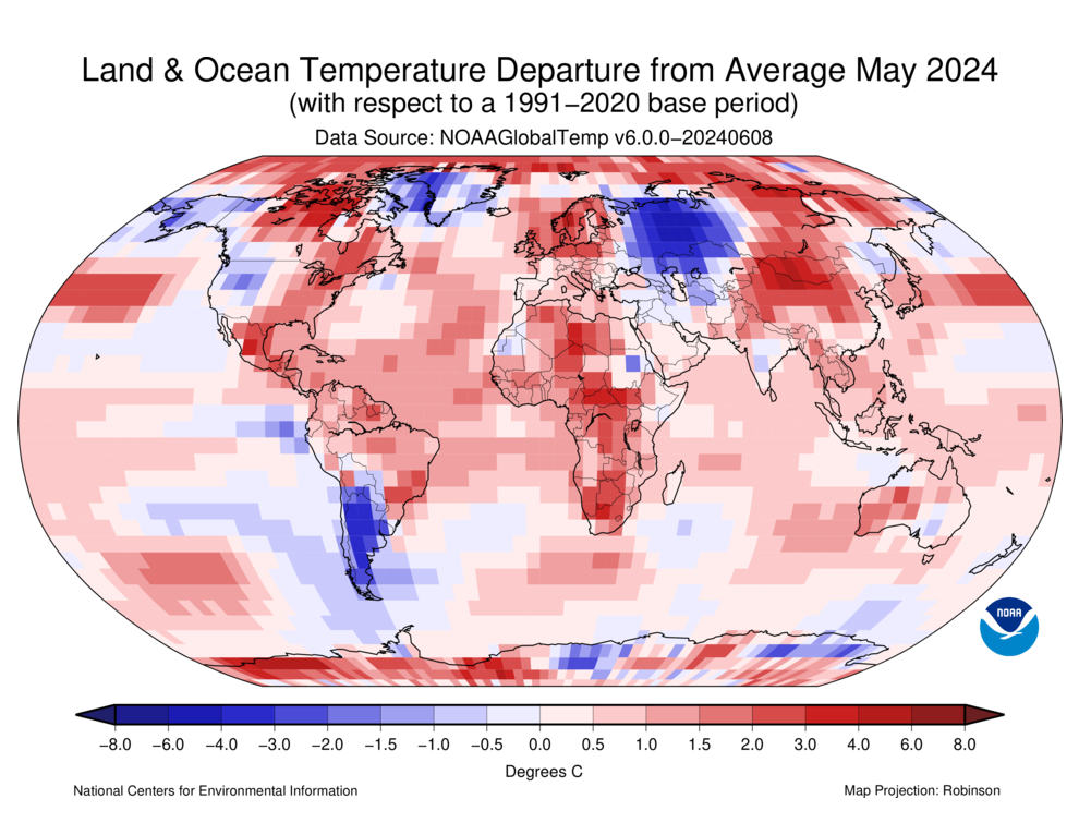 Map of the globe depicting Land and Ocean Temperature Departure from Average for May 2024.