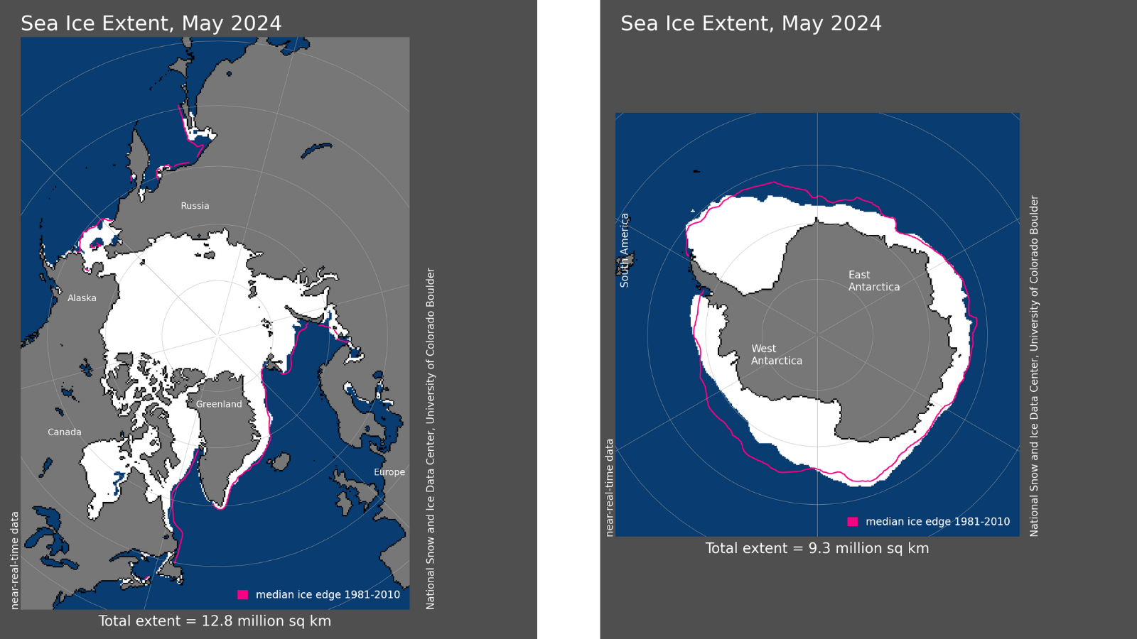 Maps depicting global sea ice extent for May 2024.