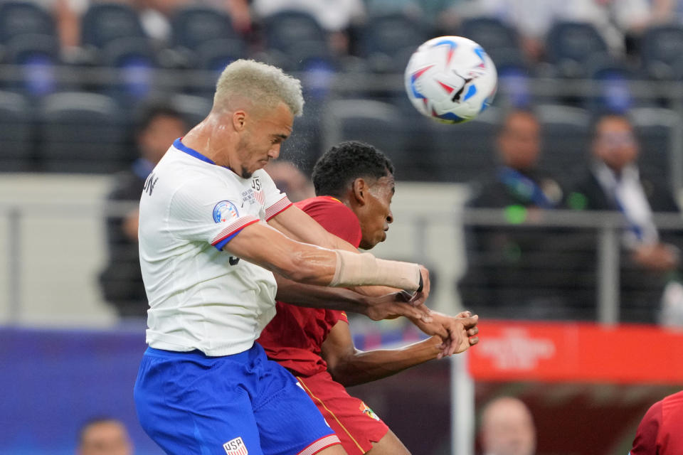 ARLINGTON, TEXAS - JUNE 23: Antonee Robinson #5 of the United States heads the ball during the first half against Bolivia at AT&T Stadium on June 23, 2024 in Arlington, Texas. (Photo by John Todd/ISI Photos/USSF/Getty Images for USSF)