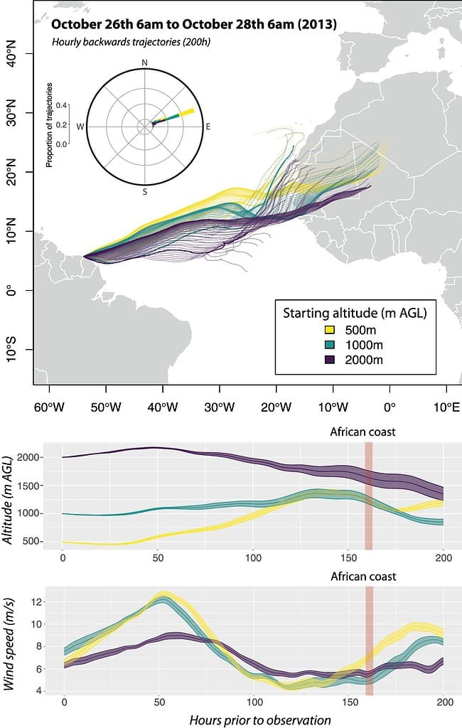 Charts tracking wind movement across the Atlantic