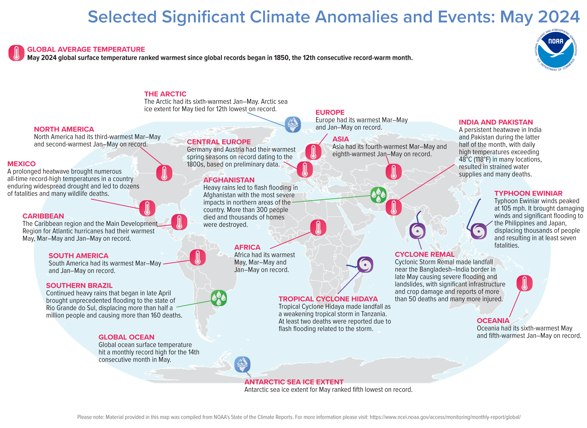 Map of the globe depicting Selected Significant Climate Anomalies and Events for May 2024.