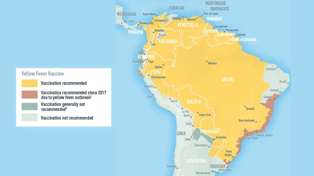Map: South America showing areas at risk for yellow fever transmission and where vaccination is recommended for Columbia, Venezuela, Guyana, Suriname, French Guiana, Brazil, Paraguay, and parts of Ecuador, Peru, Bolivia, Argentina, and Uruguay