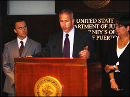 (L-R) Assistant US Attorney Sean Torriente, DEA Assistant Special Agent in Charge Israel Alicea (at the podium) and U.S. Attorney Rosa  Emilia Rodriguez-Velez announce the indictment during the news conference., 