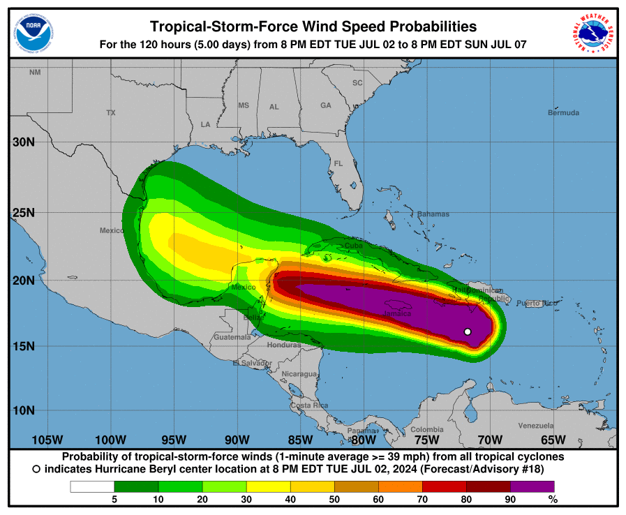 Map shows wind speed probabilities from Hurricane Beryl (NHC)