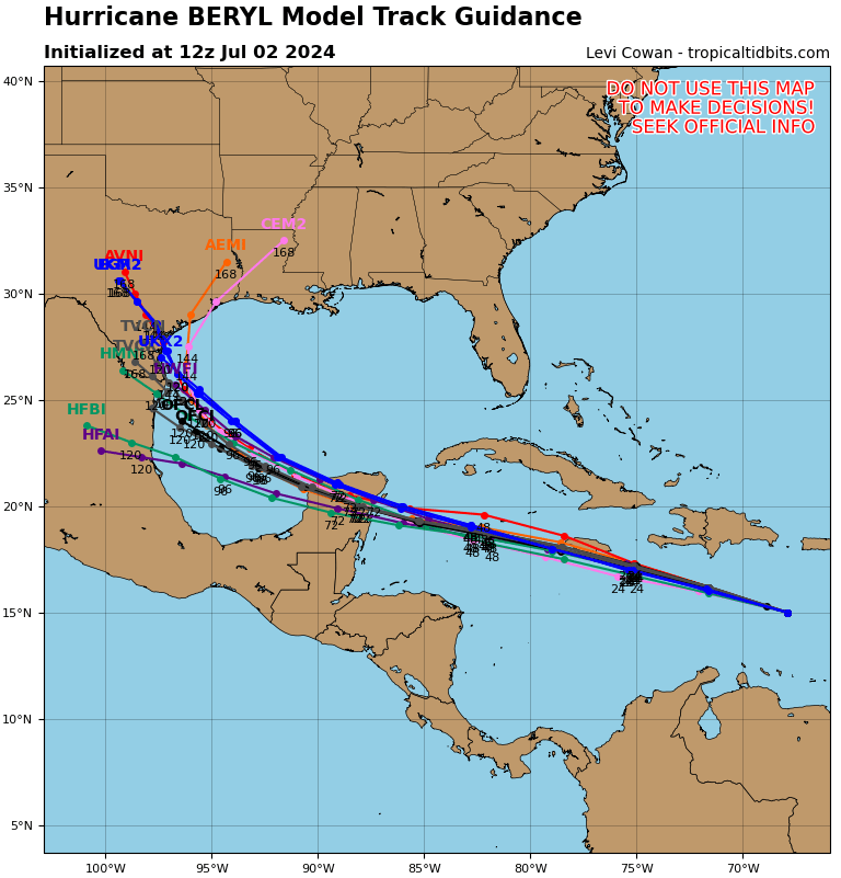 A spaghetti model from Tuesday morning shows Hurricane Beryl’s potential path towards Texas (tropicaltidbits.com)