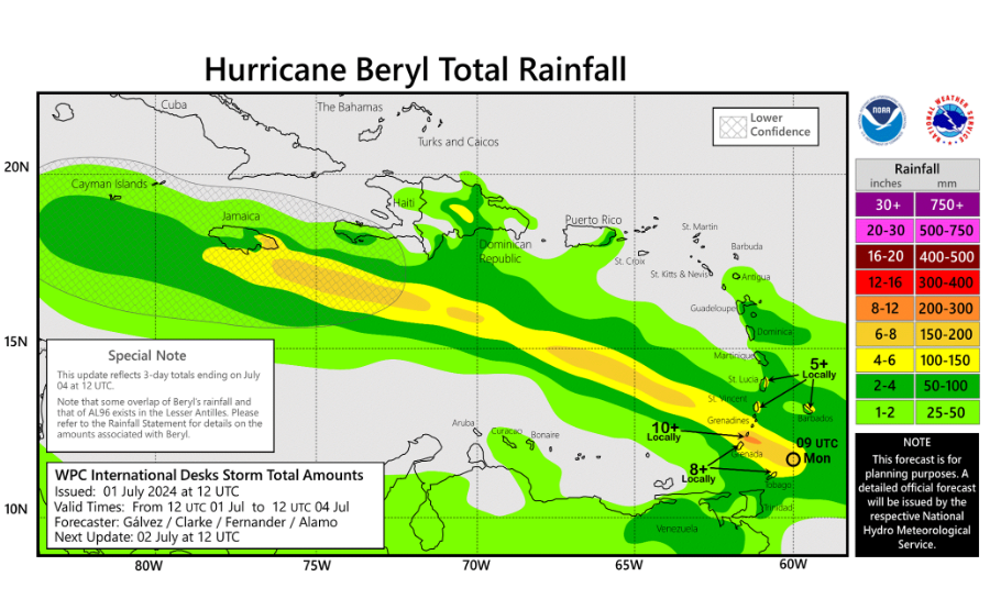 Total rainfall expected to hit the Caribeean as of July 1 to July 4 due to Hurricane Beryl sweeping across the region (National Hurricane Center)