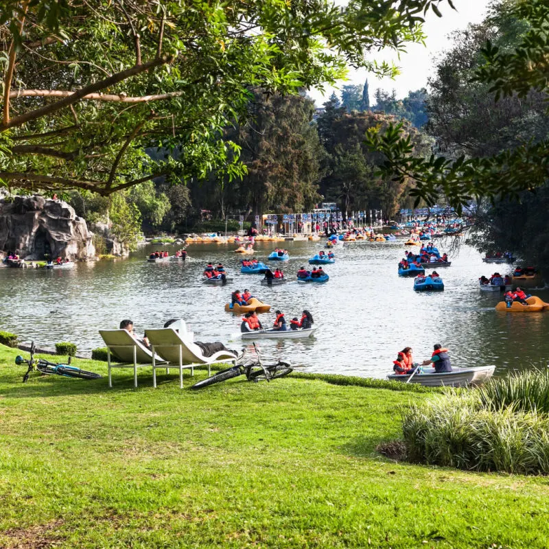 Boaters boat in Chapultepec Park in Mexico City