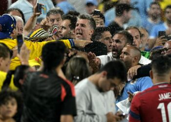 Uruguay players and Colombia fans fight in stands