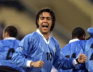 Alvaro Recoba celebrates a goal for Uruguay against Chile in June 2000.