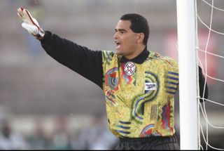 Jose Luis Chilavert in action for Paraguay against Ecuador at the Copa America in 1997.