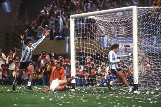 Mario Kempes celebrates after scoring for Argentina in the 1978 World Cup final against the Netherlands in Buenos Aires.