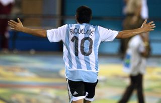 Juan Roman Riquelme celebrates after scoring for Argentina against Colombia at the Copa America in 2007.