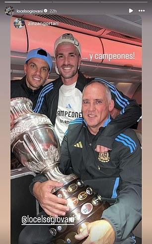 Giovani Lo Celso posed with Rodrigo De Paul and an Argentina coach with the trophy on a plane