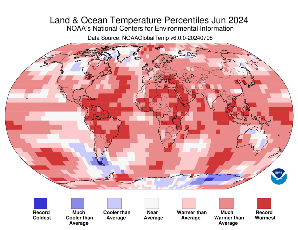 Map of the world depicting Land and Ocean temperature percentiles for June 2024.