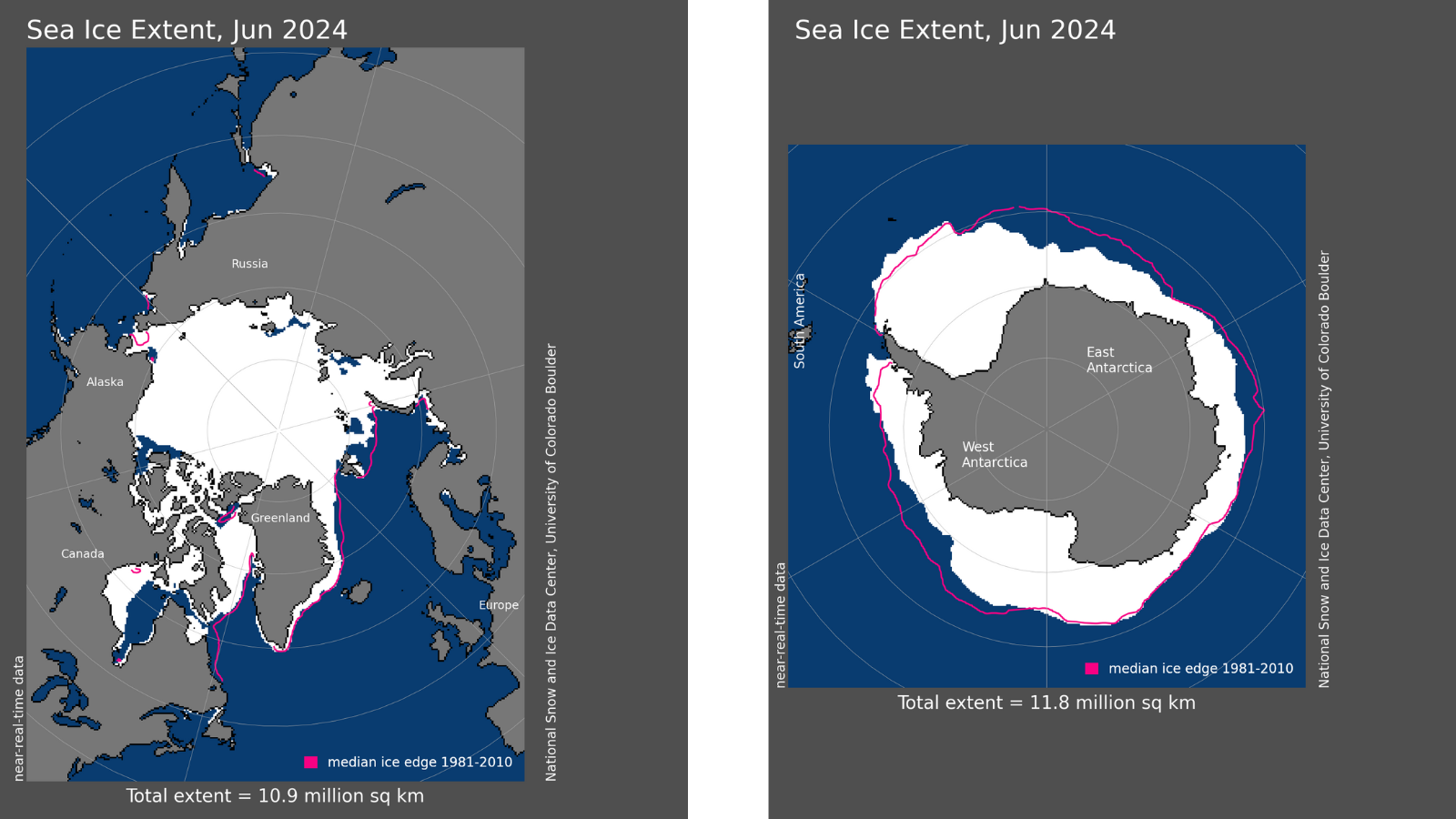 Map of sea ice extent in Antarctica and near Alaska, Canada, Greenland, and Russia.