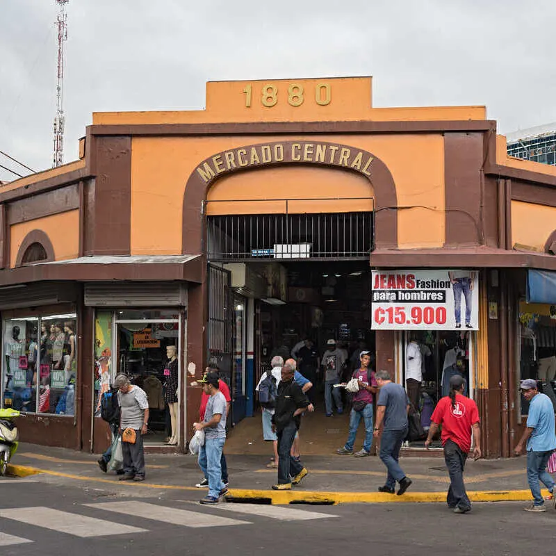 Main Entry Gate Into The Mercado Central In San Jose, Capital City Of Costa Rica, Central America