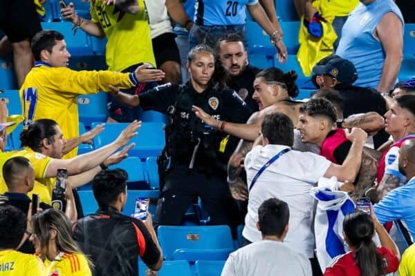 2XGY1W6 CHARLOTTE, NC - JULY 10: Uruguay forward Darwin Nunez (19) engages with hostile fans in the stands after the CONMEBOL Copa America semifinal between Uruguay and Colombia on Wednesday July 10, 2024 at Bank of America Stadium in Charlotte, NC. (Photo by Nick Tre. Smith/Icon Sportswire) (Icon Sportswire via AP Images)