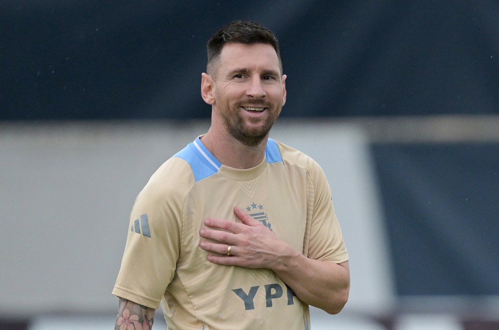 Lionel Messi takes part in a training session on July 11, 2024, ahead of the Conmebol 2024 Copa America tournament final match between Argentina and Colombia, at the FIU college football and soccer stadium on the campus of Florida International University in Miami, Florida.