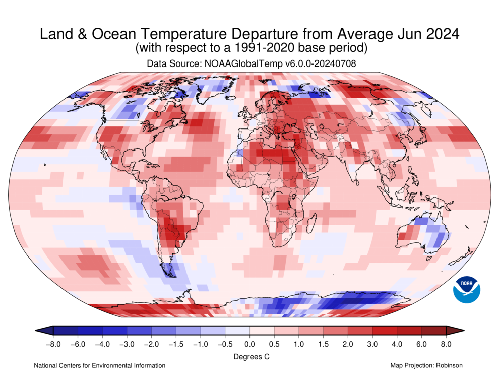 Map of the world depicting Land and Ocean Temperature Departure from Average for June 2024.