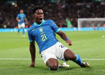 Brazil forward Endrick celebrates his winner against England back in March