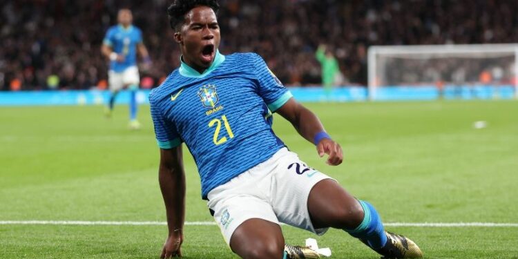 Brazil forward Endrick celebrates his winner against England back in March