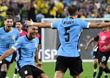 Manuel Ugarte of Uruguay vs Brazil at 2024 Copa America