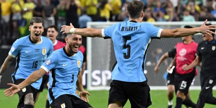 Manuel Ugarte of Uruguay vs Brazil at 2024 Copa America