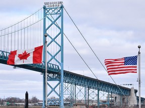 The Ambassador Bridge at the Canada-USA border crossing in Windsor, Ont. One quarter of the value of merchandise that passes between the United States and Canada crosses this bridge.