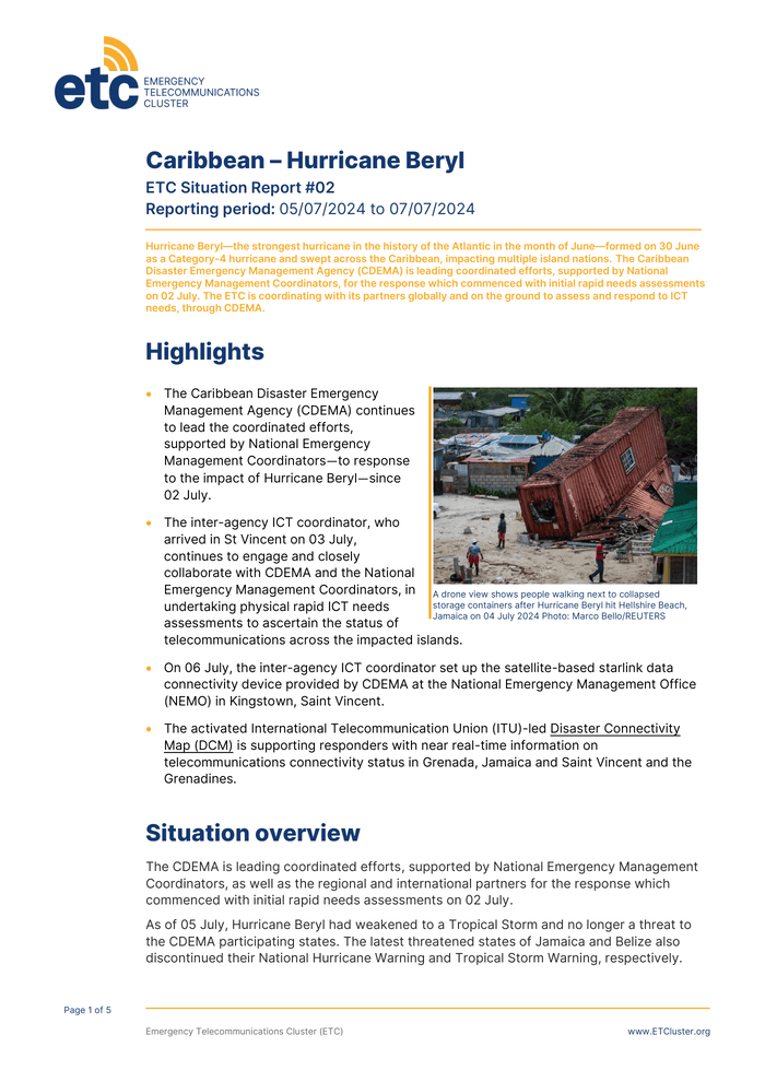 Caribbean – Hurricane Beryl : ETC Situation Report #02 Reporting period: 05/07/2024 to 07/07/2024 - Jamaica