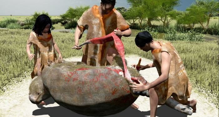 3D rendering of a prehistoric butchery event featuring three early humans processing a large animal carcass in a grassy landscape