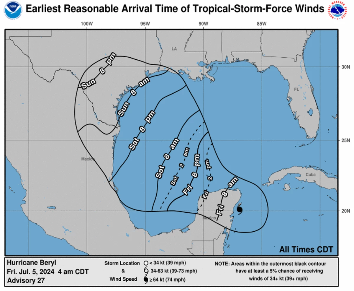 A National Hurricane Center graphic shows the estimated arrival time of tropical-force winds in Mexico and Texas over the weekend.