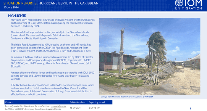 IOM Caribbean: Hurricane Beryl - Situation Report No. 3 (15 July 2024) - Grenada