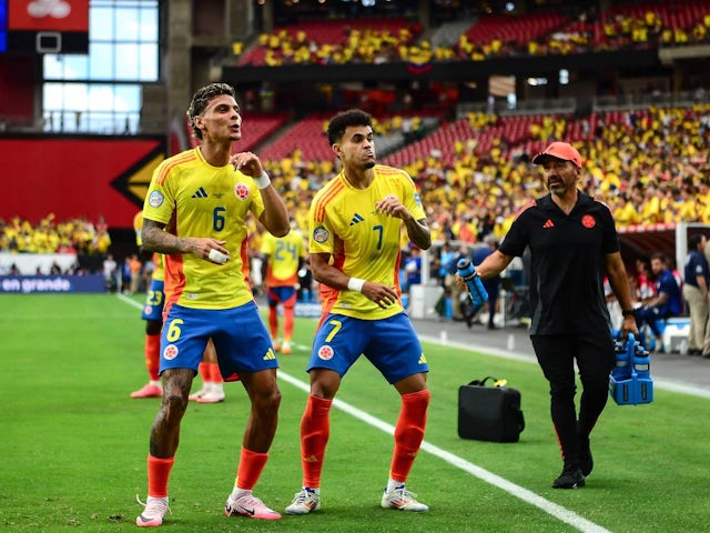  Luis Diaz and Richard Rios celebrate a goal by Colombia on June 26, 2024 at the Copa America