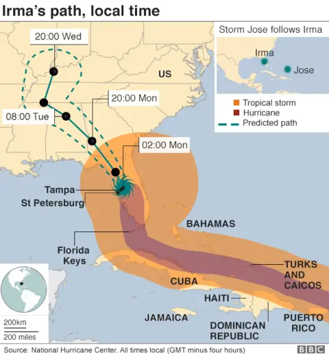 A map showing the projected path of Hurricane Irma