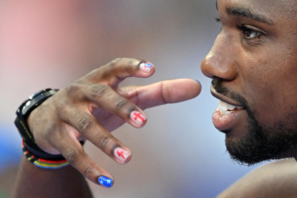 Noah Lyles at the 2024 Paris Olympics on Aug. 4, manicure, nail art,  painted nails 